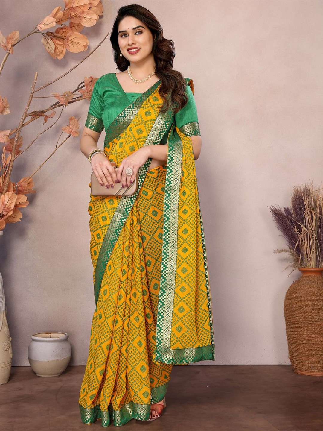 

KALINI Bandhani Zari Poly Georgette Bandhani Saree, Yellow