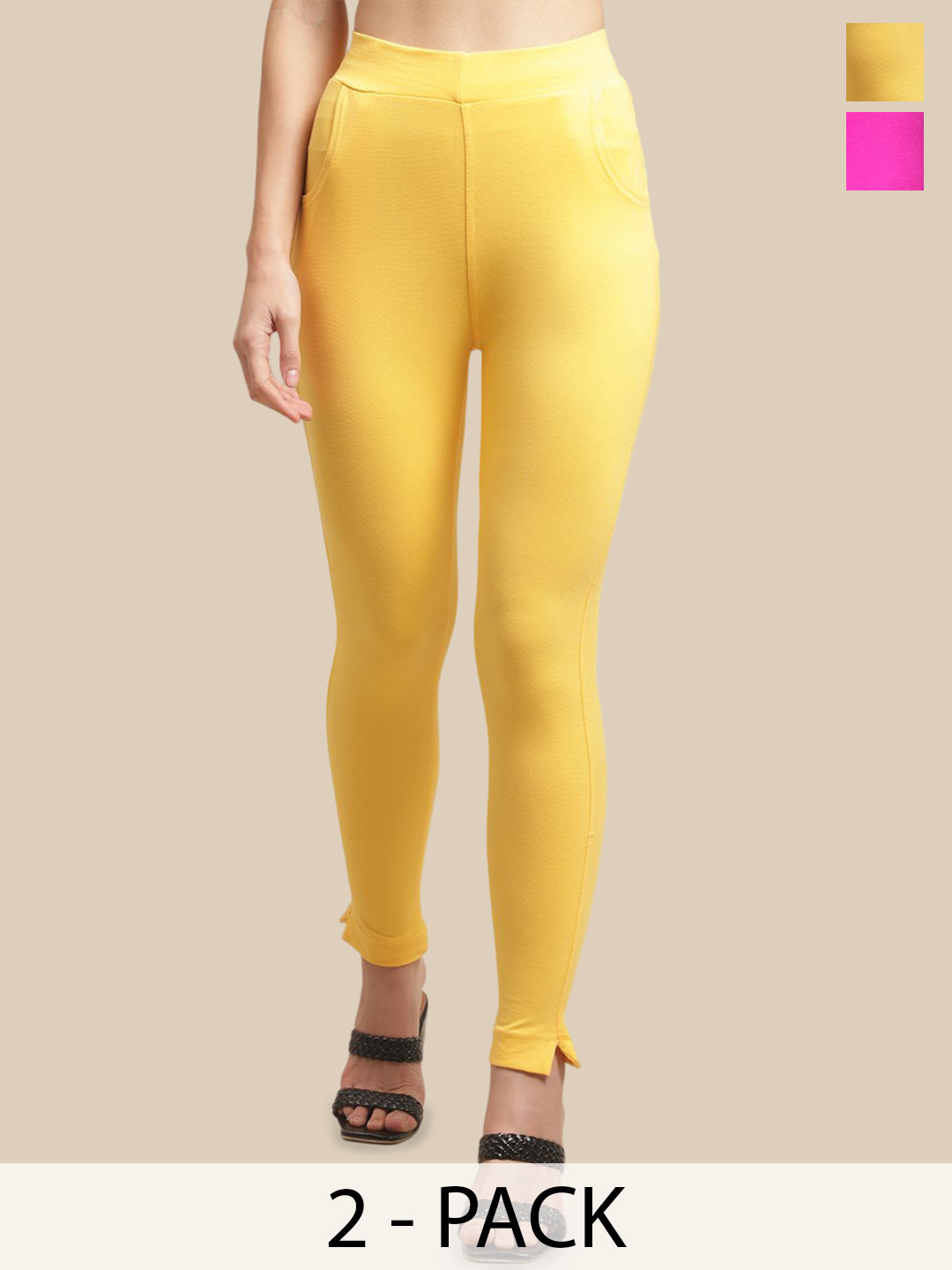 

Valles365 by S.C. Plus Size Women Pack Of 2 Cotton Ankle-Length Leggings with Pocket, Yellow