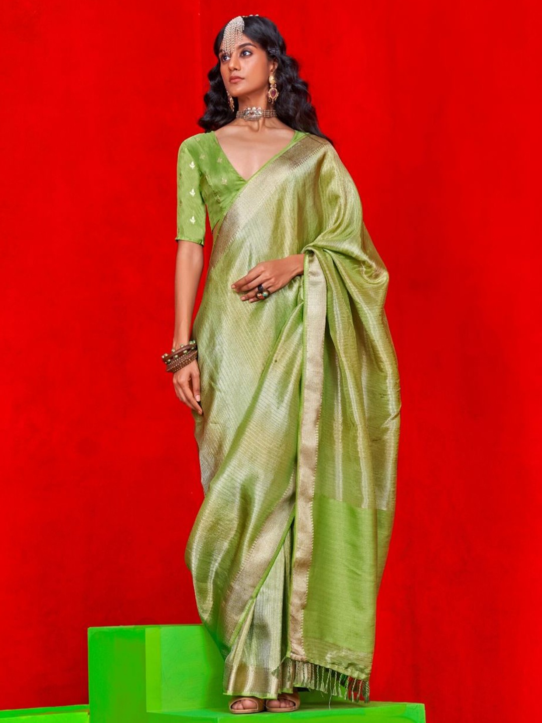 

BLENDIFY Ethnic Motifs Zari Banarasi Saree, Green