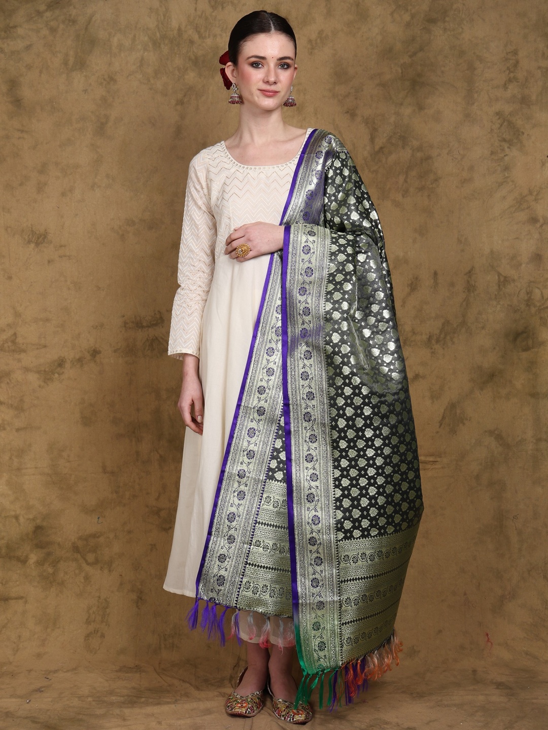 

Exotic India Ethnic Motifs Woven Design Dupatta With Zari, Grey