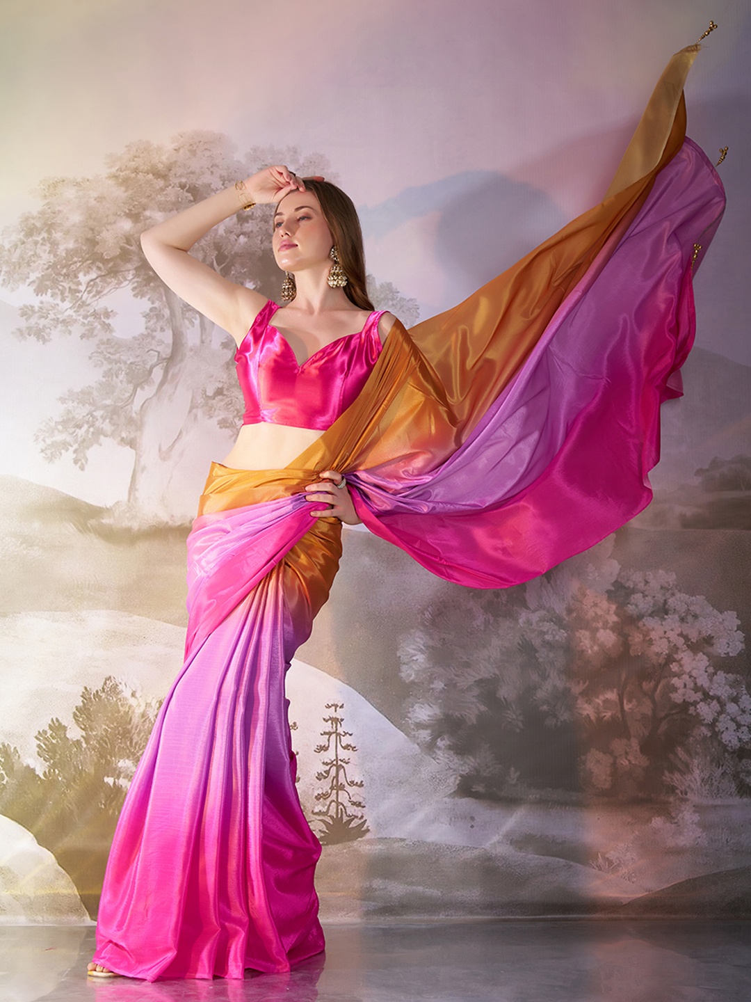 

Mitera Ombre Pure Chiffon Saree, Pink