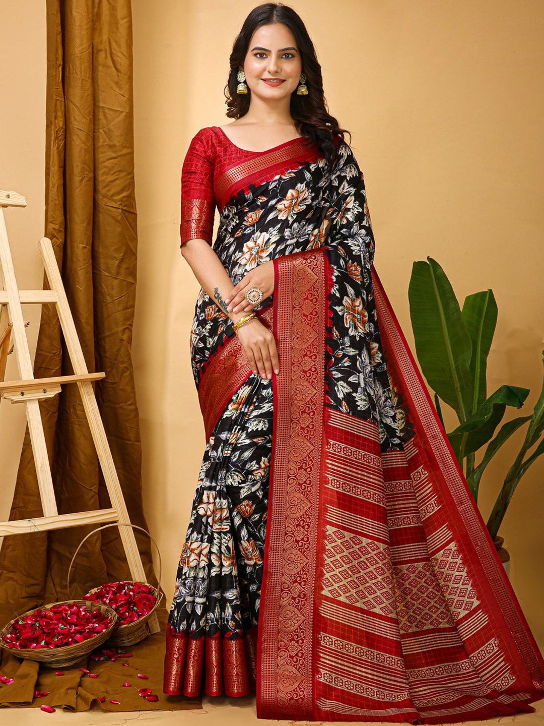

Anouk Rustic Floral Zari Silk Blend Designer Sungudi Saree, Black
