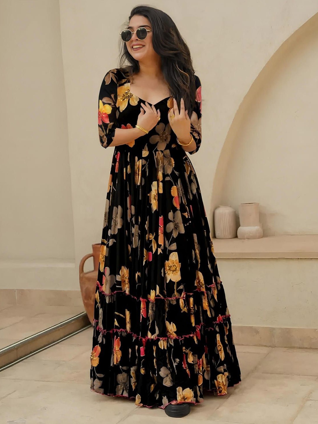 

KHODALCREATIN Printed Party Wear Flared Gown Ethnic Dress, Black