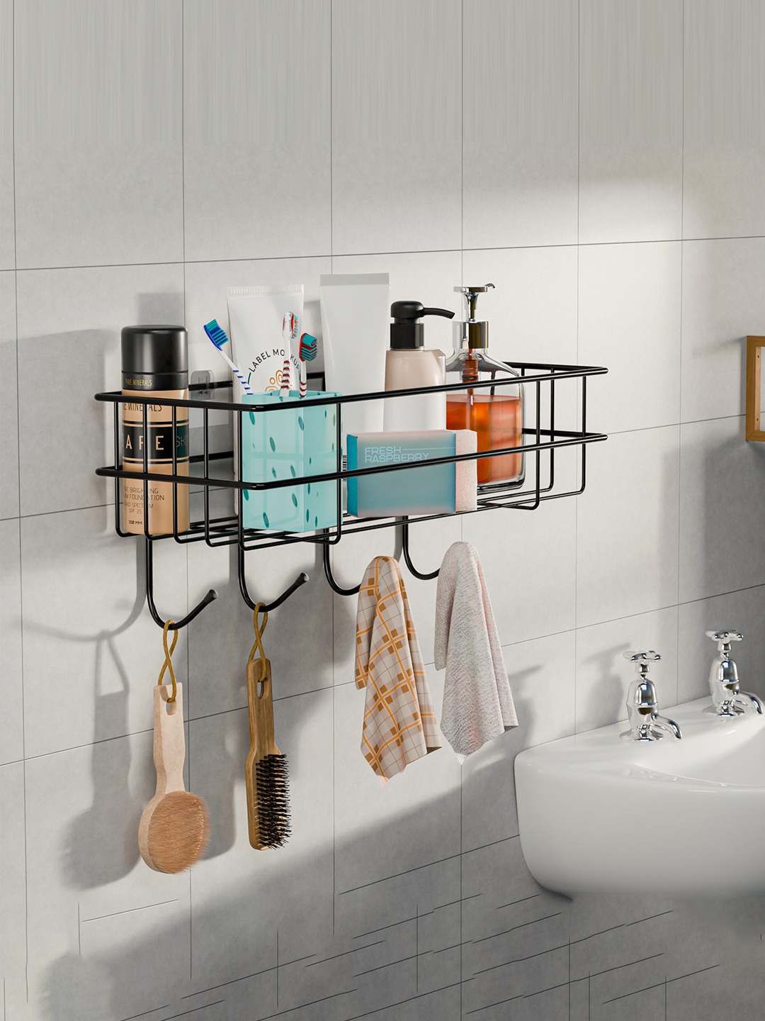 

Kuber Industries Black Metal Self Adhesive Bathroom Organisers
