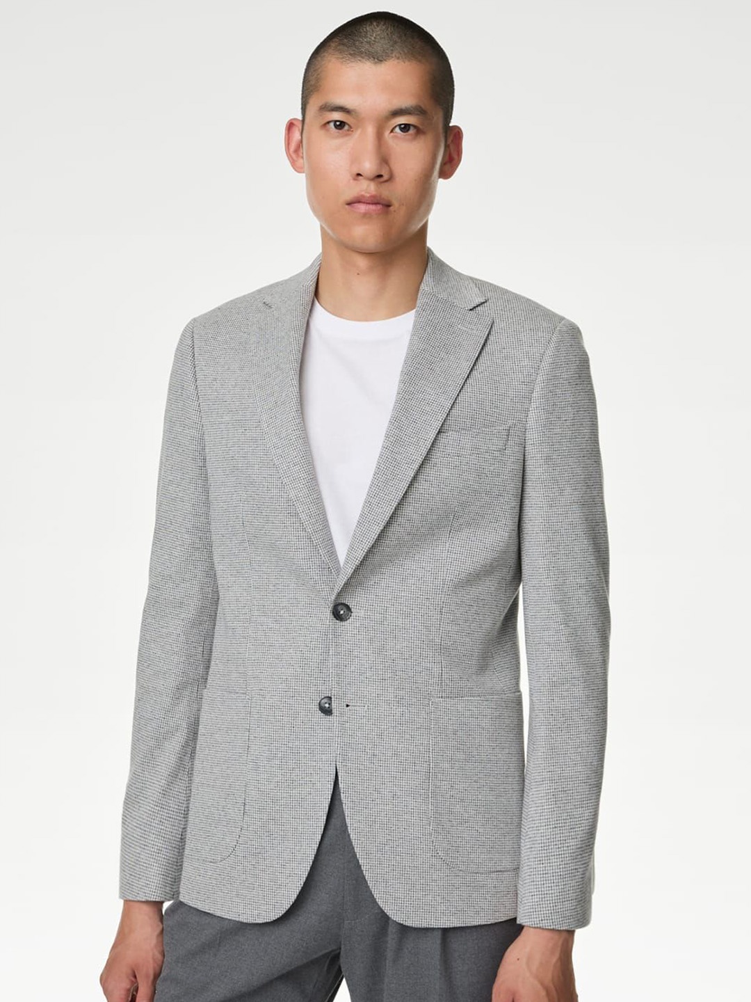 

Marks & Spencer Puppytooth Tailored Fit Cotton Single Breasted Blazer, Grey