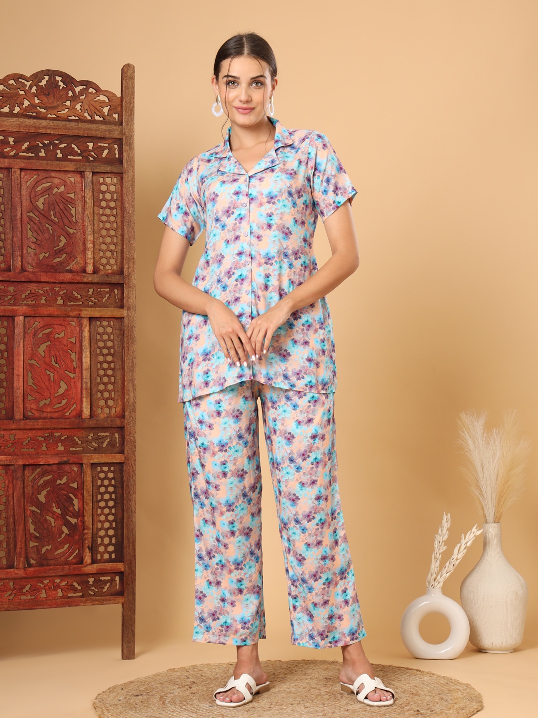 

Tissu Women Printed Night suit, Blue