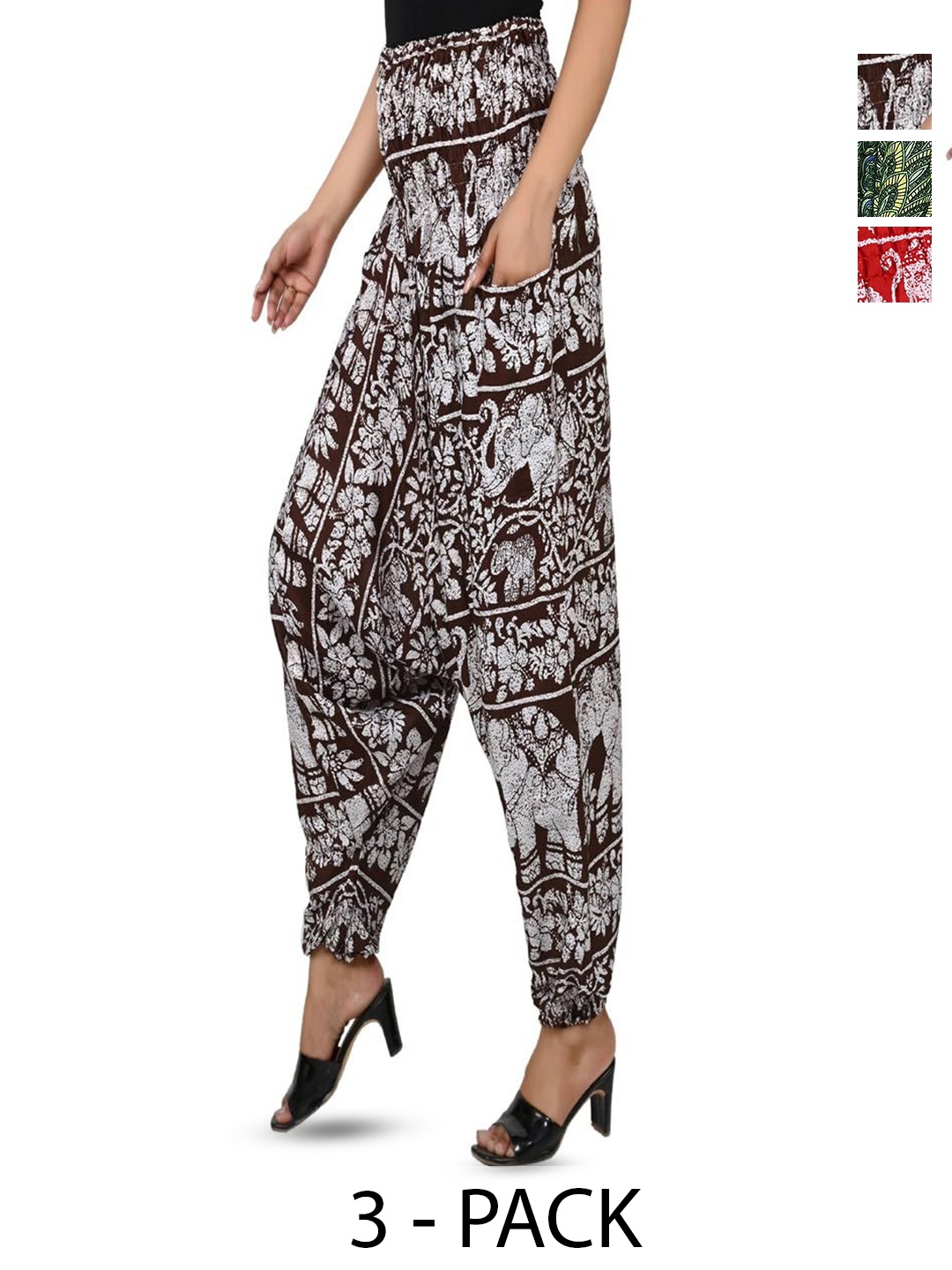 

NarNari Women Pack Of 3 Printed Harem Pants, Brown