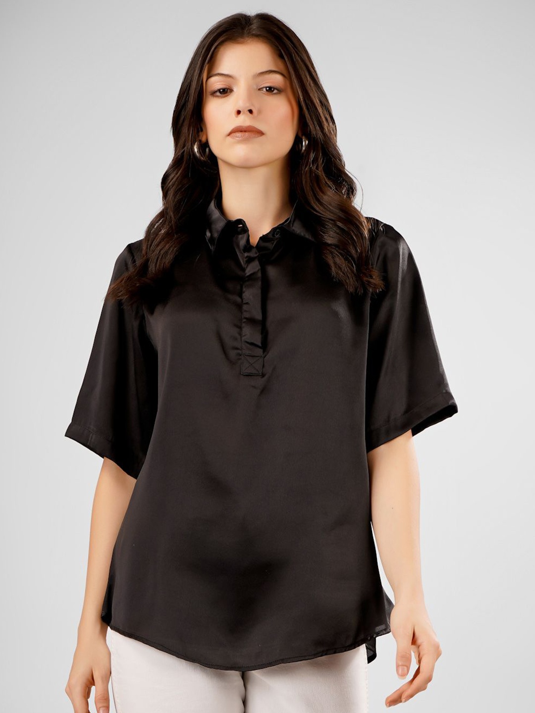 

Sukshat Satin Shirt Style Top, Black