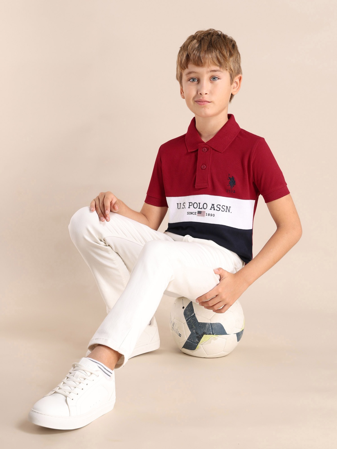 

U.S. Polo Assn. Kids Boys Brand Logo Colourblocked Polo Collar Applique T-shirt, Red