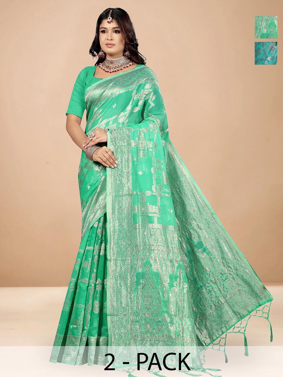 

Anouk Rustic Woven Design Zari Chanderi Saree, Green
