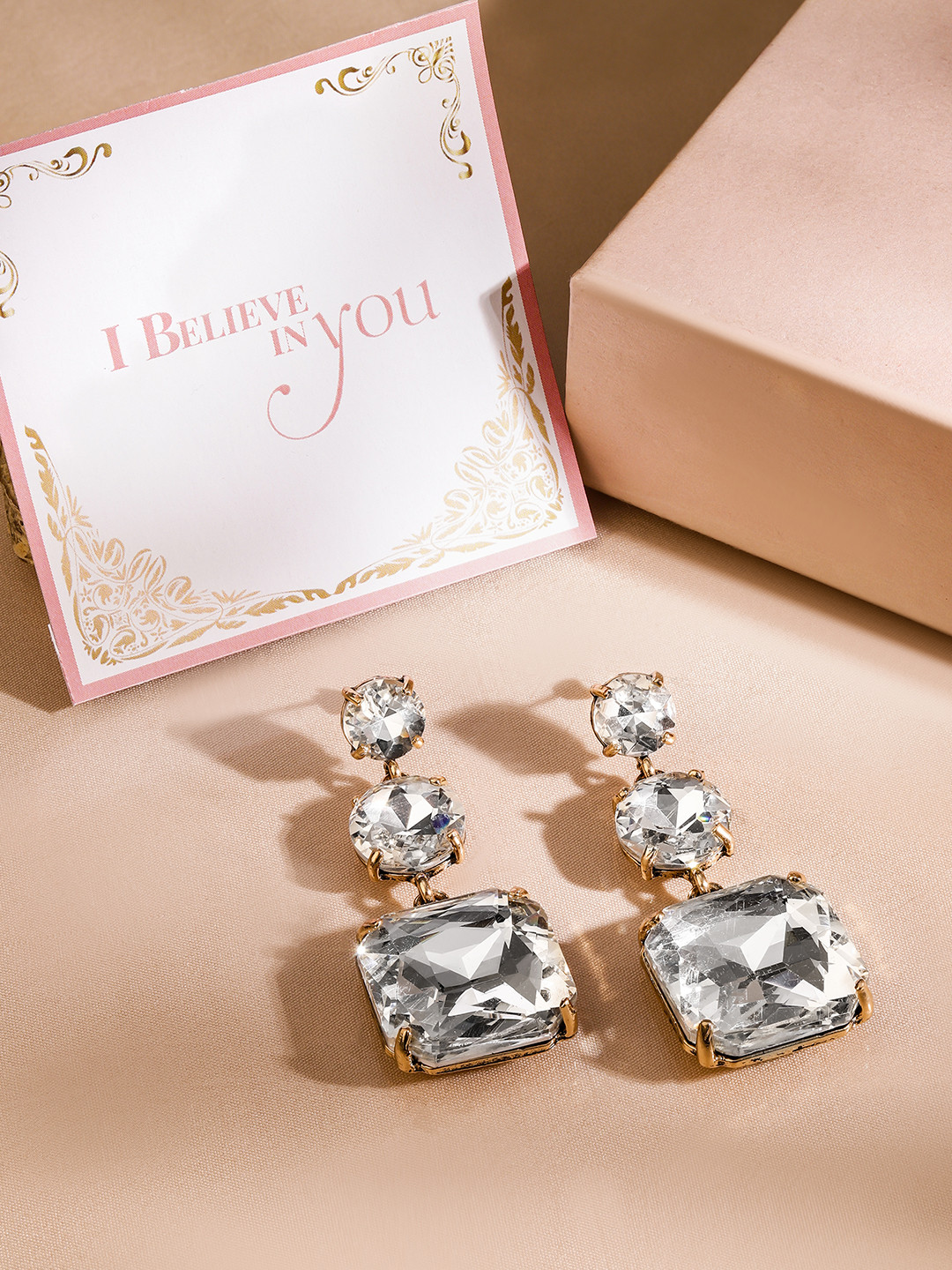 

Rubans Valentine's 18k Gold-Plated Crystal Dangle Earrings With Square & Round Stones