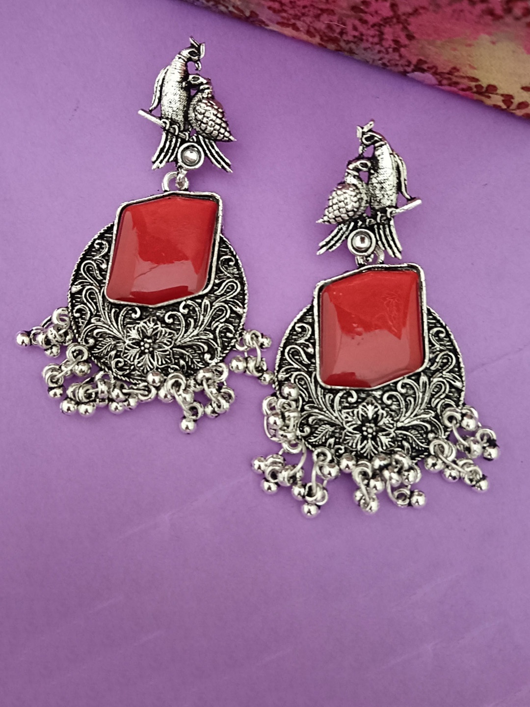 

EVY Monalisa Silver-Plated CZ Stones Studded Contemporary Shaped Oxidized Drop Earrings, Red