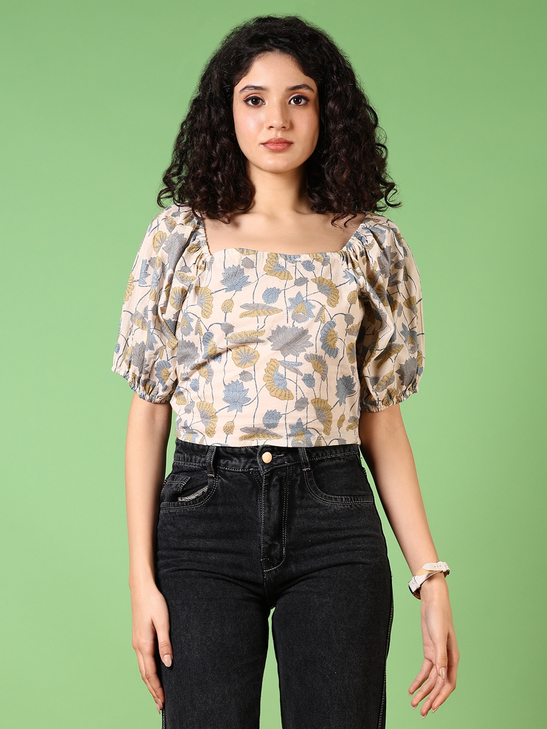 

V-Mart Floral Print Puff Sleeve Cotton Top, Off white