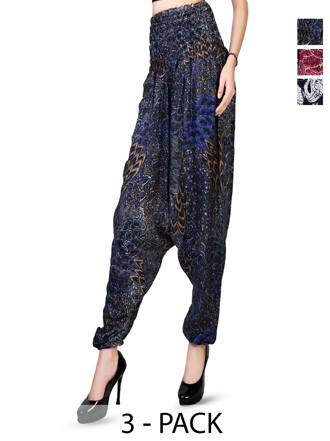 

NarNari Women Pack Of 3 Floral Printed Loose Fit Harem Pants, Blue