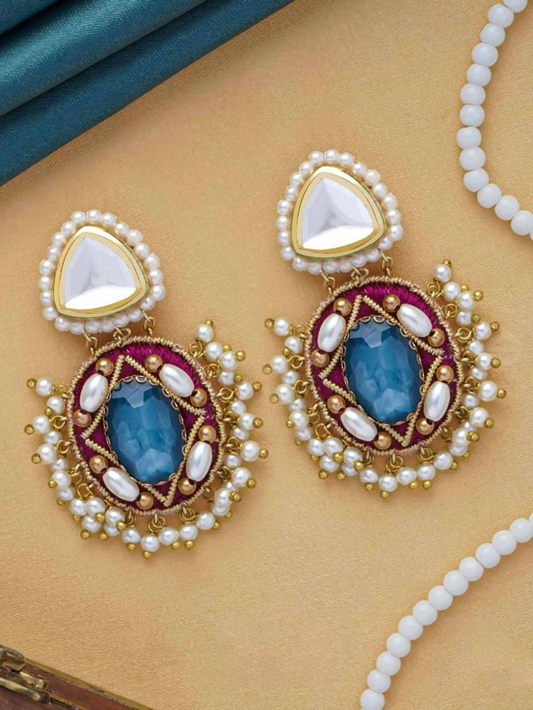

EVERSTYLISH Sanjoya Stone, Beads, Polki & Kundan Finished Embroidered Earrings, Multi