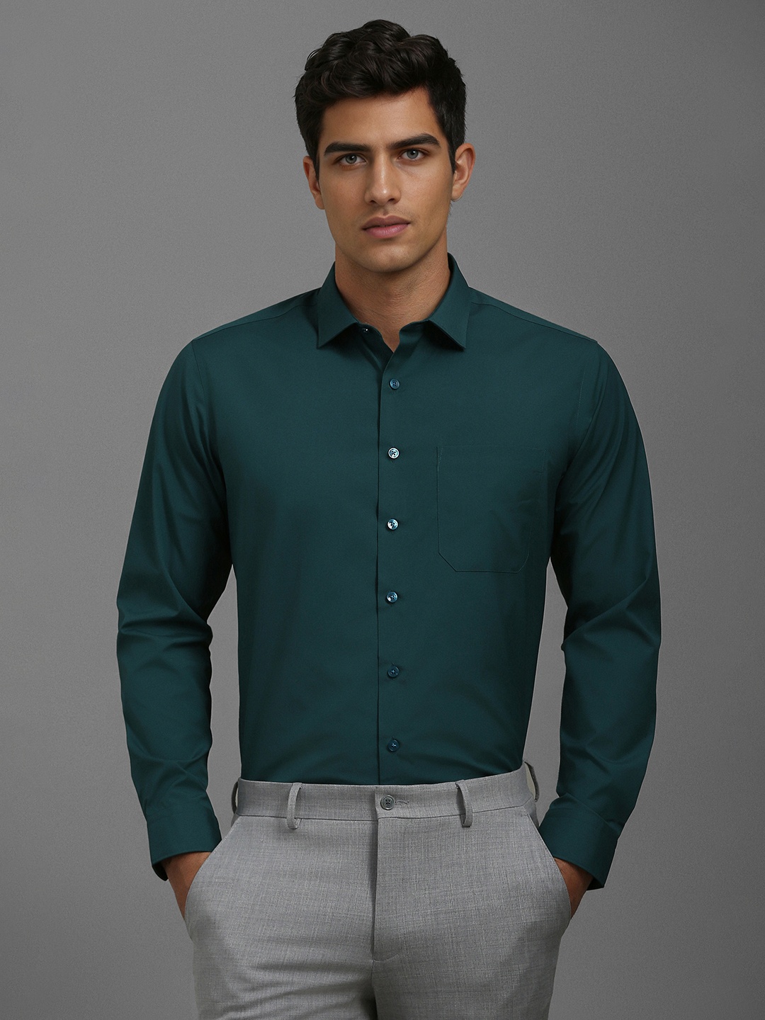 

Louis Philippe Men Slim Fit Spread Collar Solid Cotton Formal Shirt, Olive