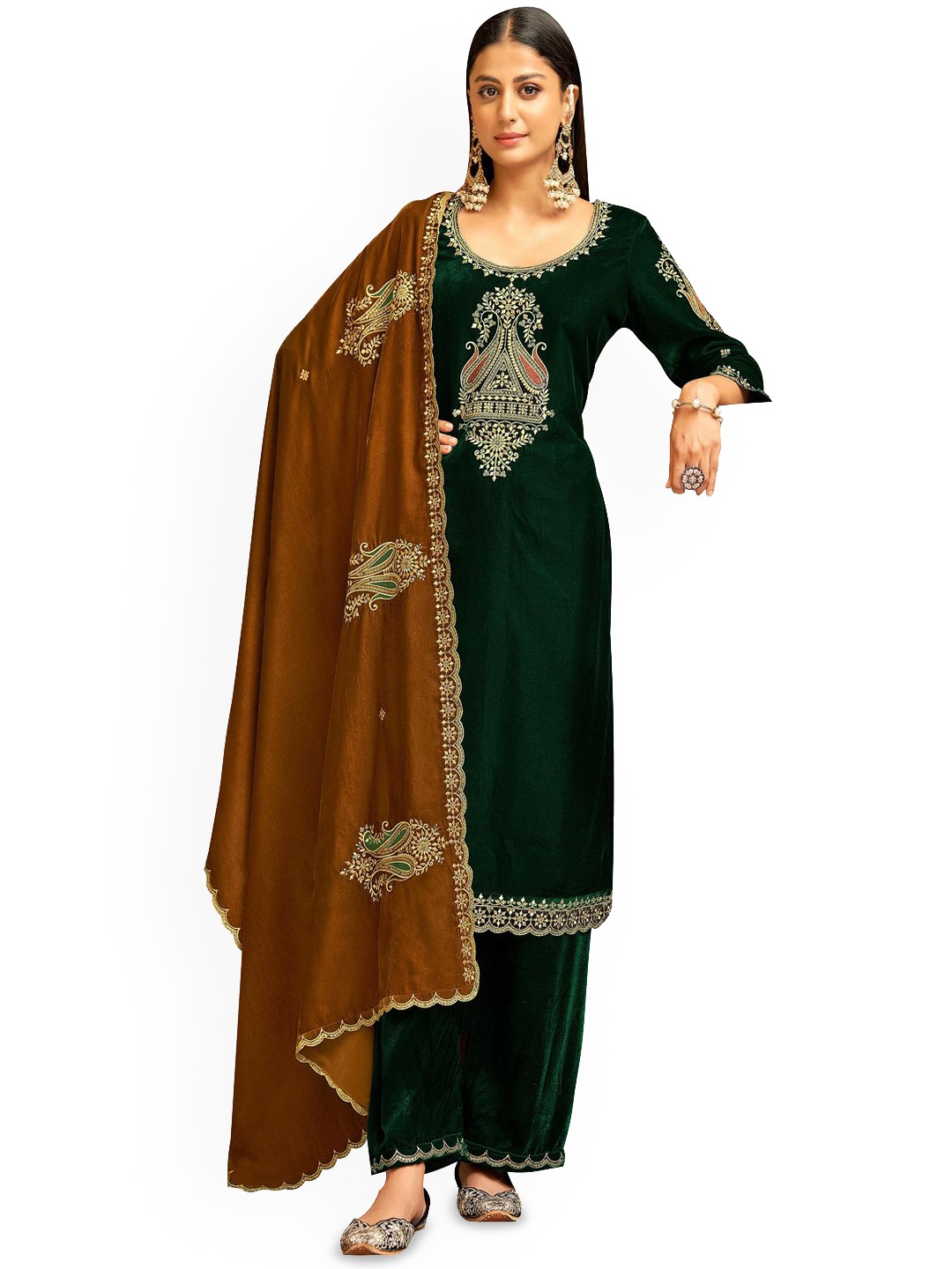 

DRAVINAM Trends Paisley Zari Embroidered Velvet Unstitched Dress Material, Green