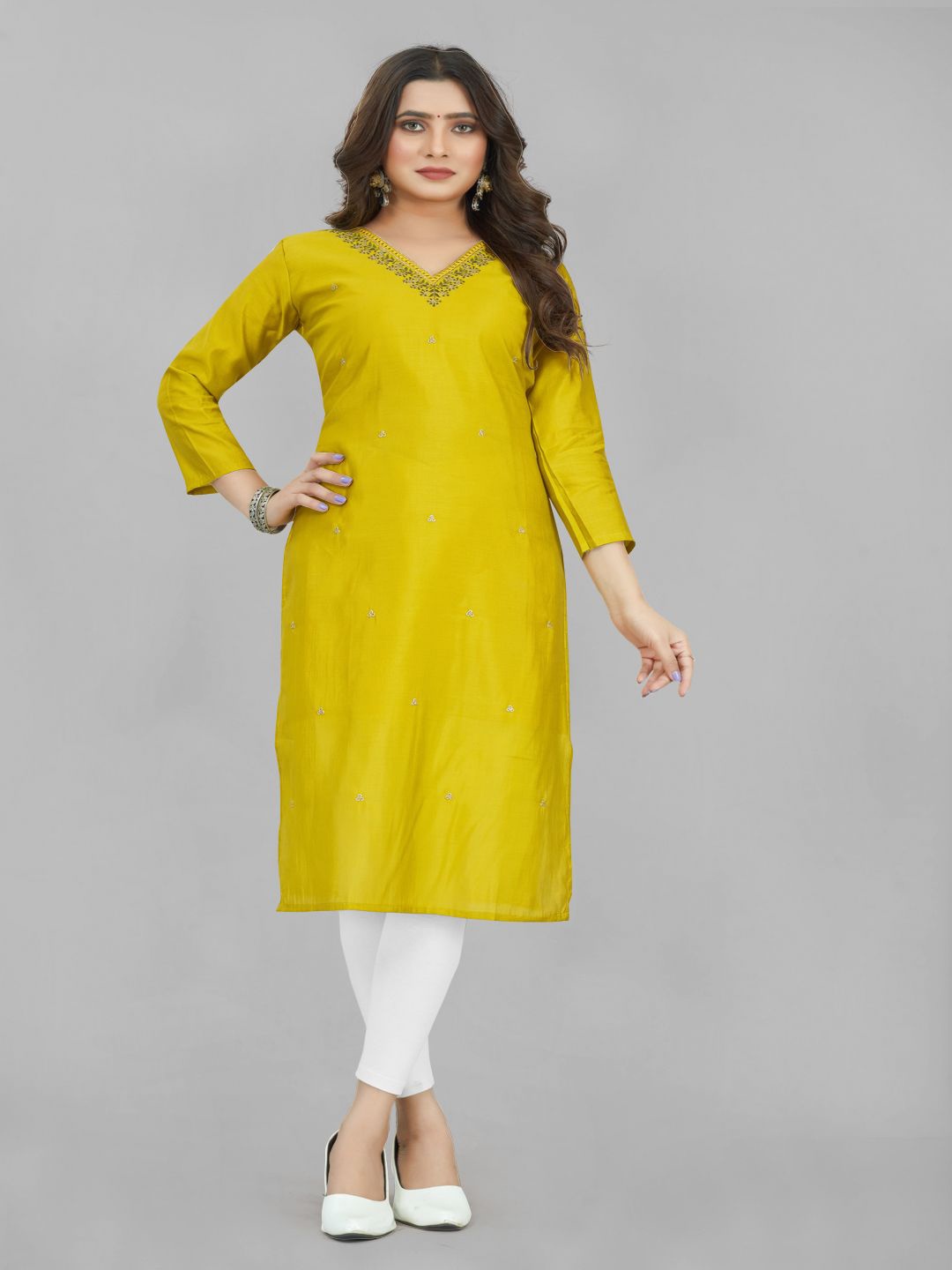 

ASTEYAM Floral Embroidered V-Neck Sequinned Straight Kurta, Yellow