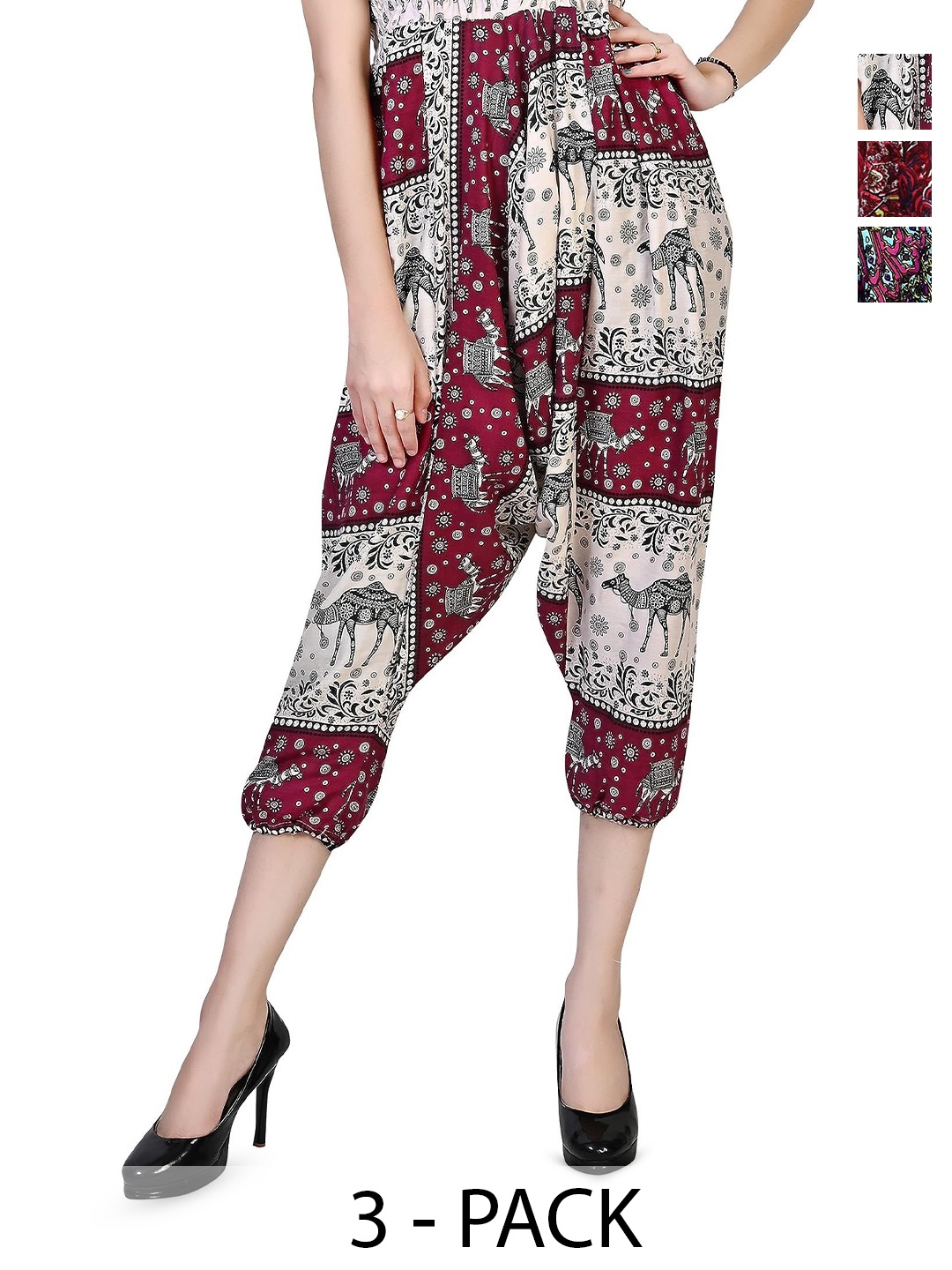 

NarNari Women Pack Of 3 Printed Mid-Rise Harem Pants, Red