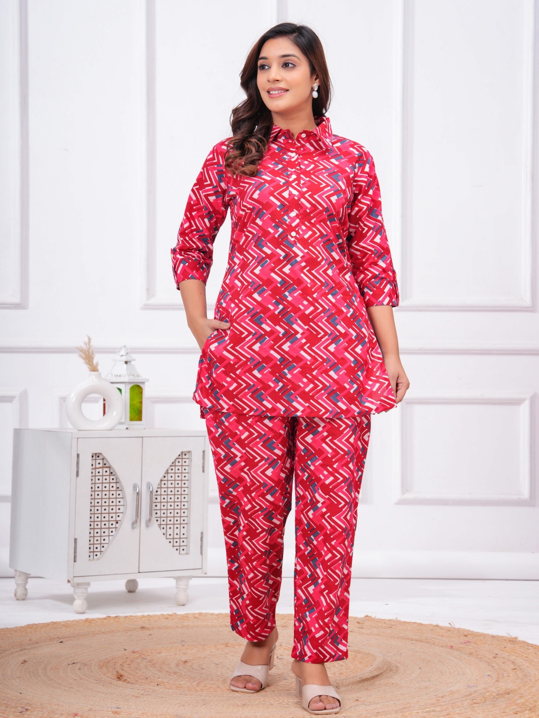 

FEMARY Printed Pure Cotton Tunic With Trousers Co-Ords, Red