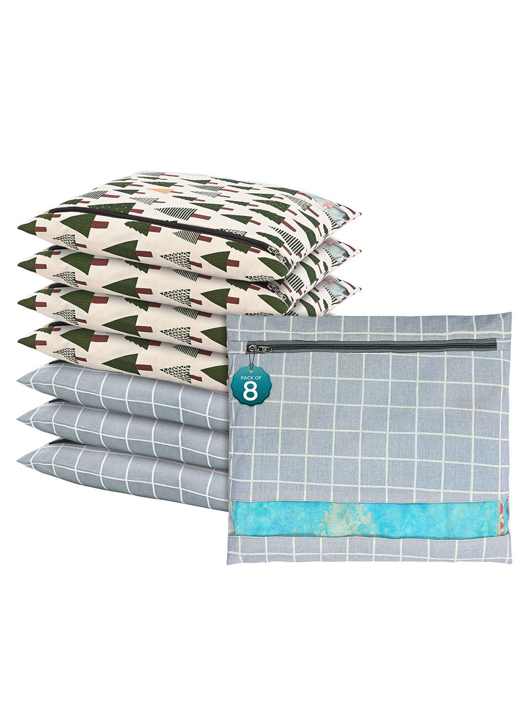 

Kuber Industries Grey & Green 8 Pcs Regular Saree Cover Multi-Utility Storage Organisers