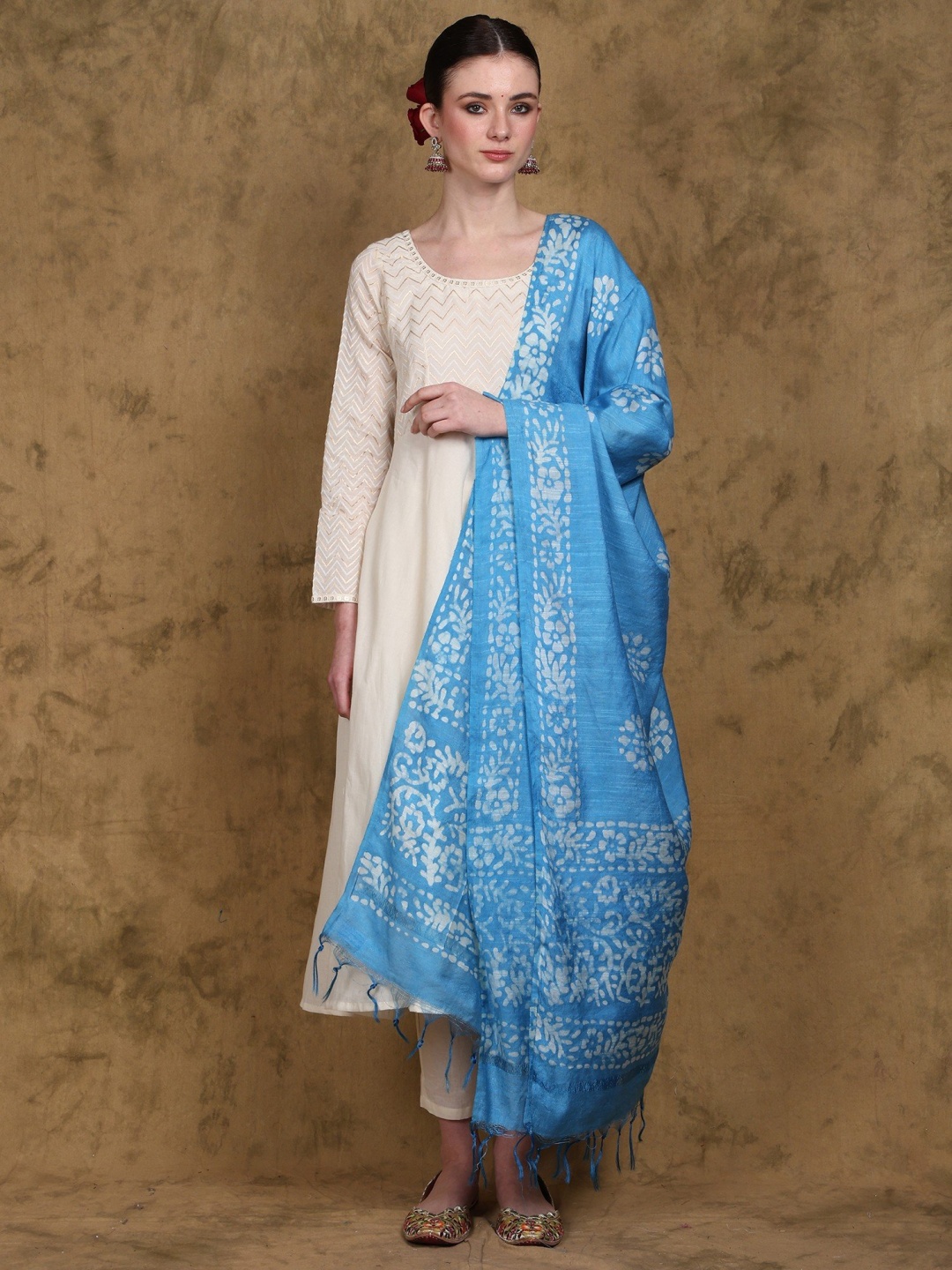 

Exotic India Batik Printed Chakra Pattern Art Silk Dupatta, Blue