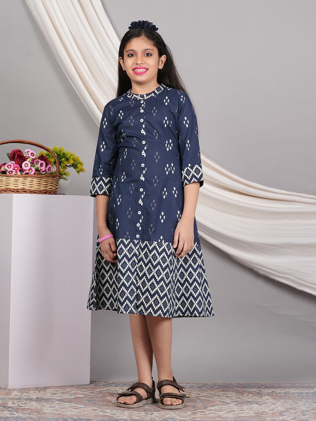 

IKRASS Print Puff Sleeve A-Line Midi Dress, Blue