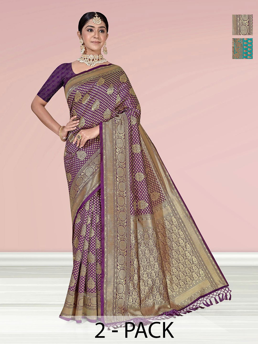 

Anouk Rustic Pack Of 2 Woven Design Zari Banarasi Saree, Purple