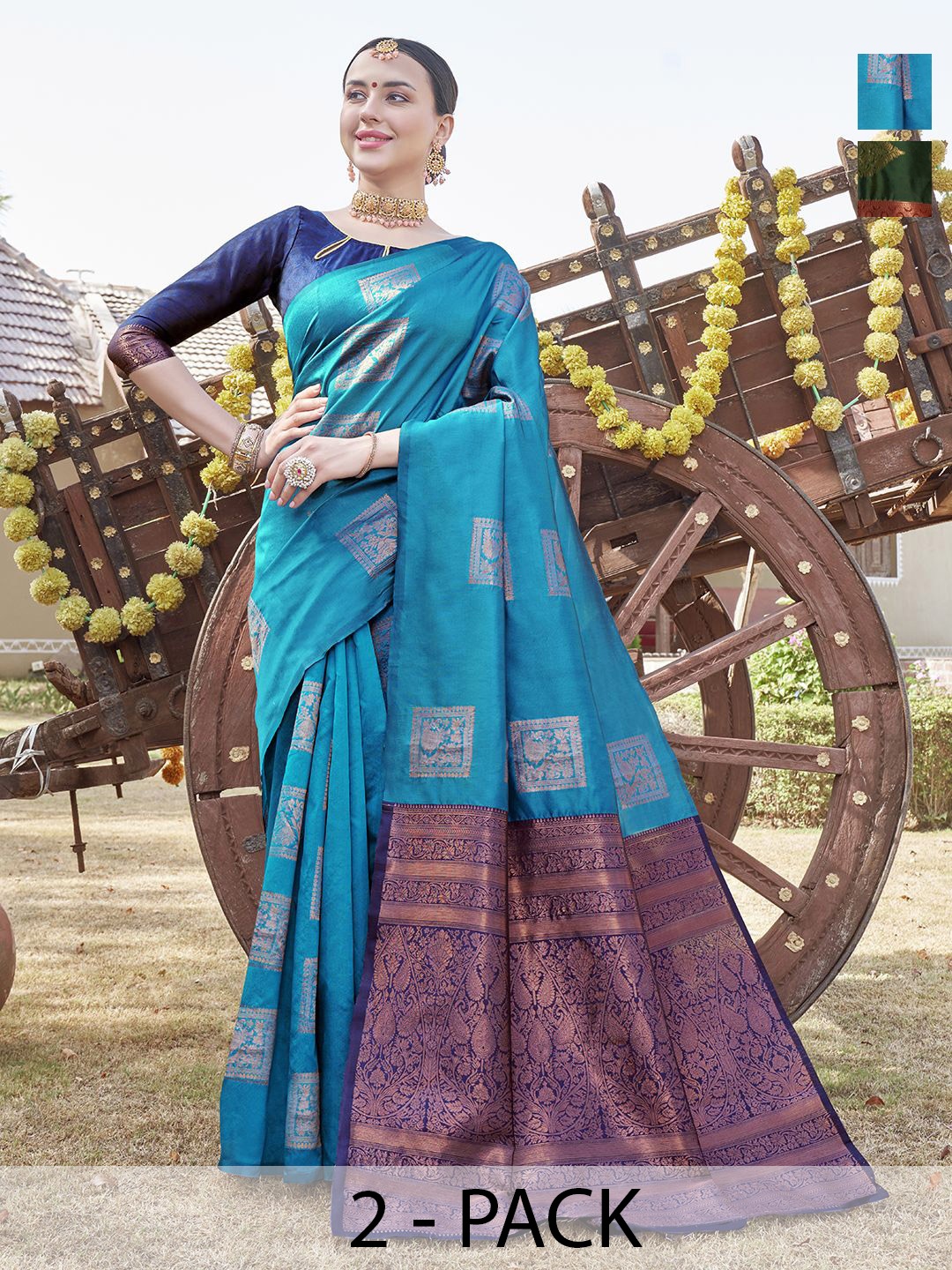 

Anouk Rustic Pack of 2 Woven Design Banarasi Saree, Turquoise blue