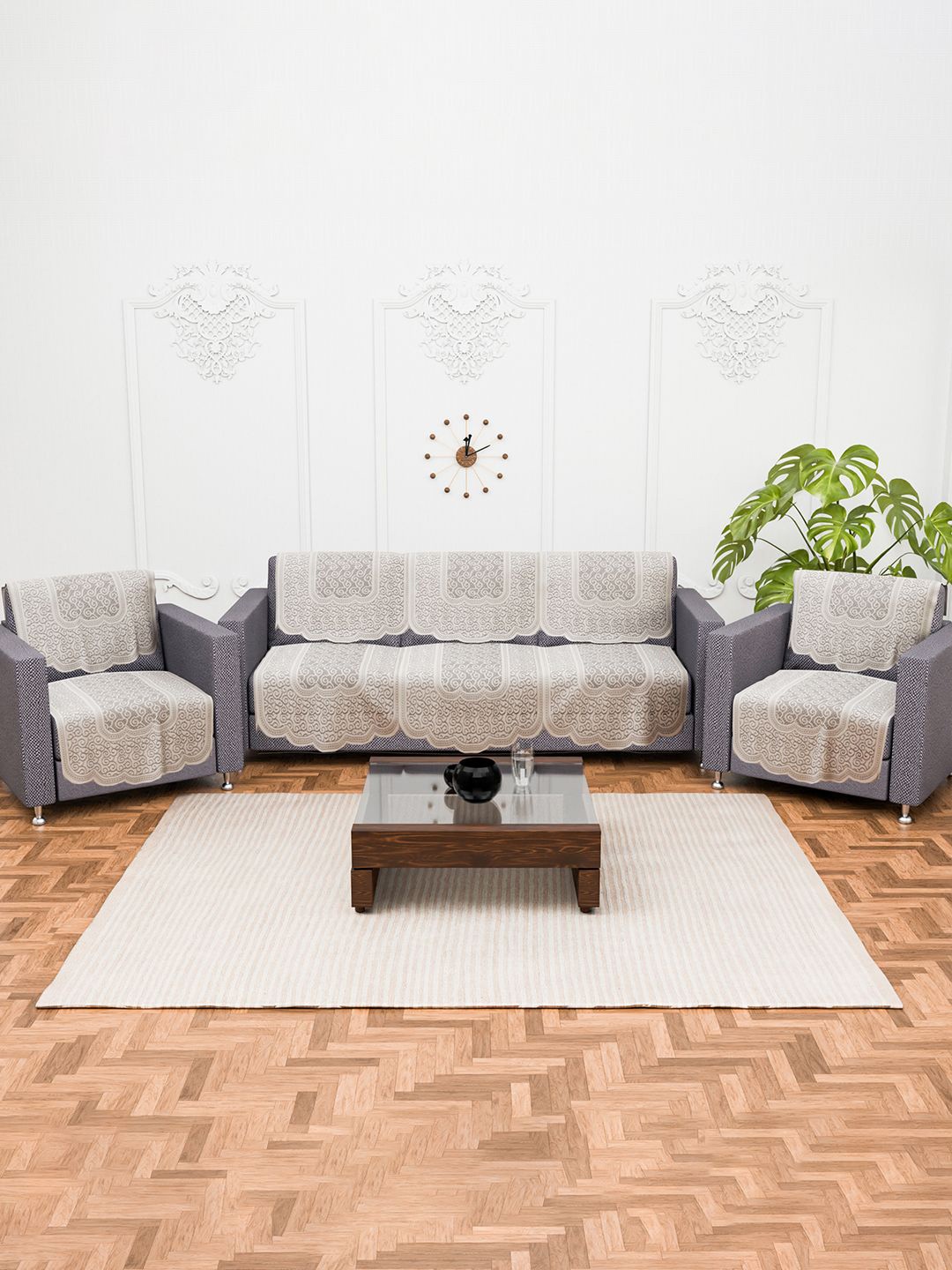 

Kuber Industries Cream-Coloured 10 Pieces Self Design Cotton 5 Seater Sofa Covers