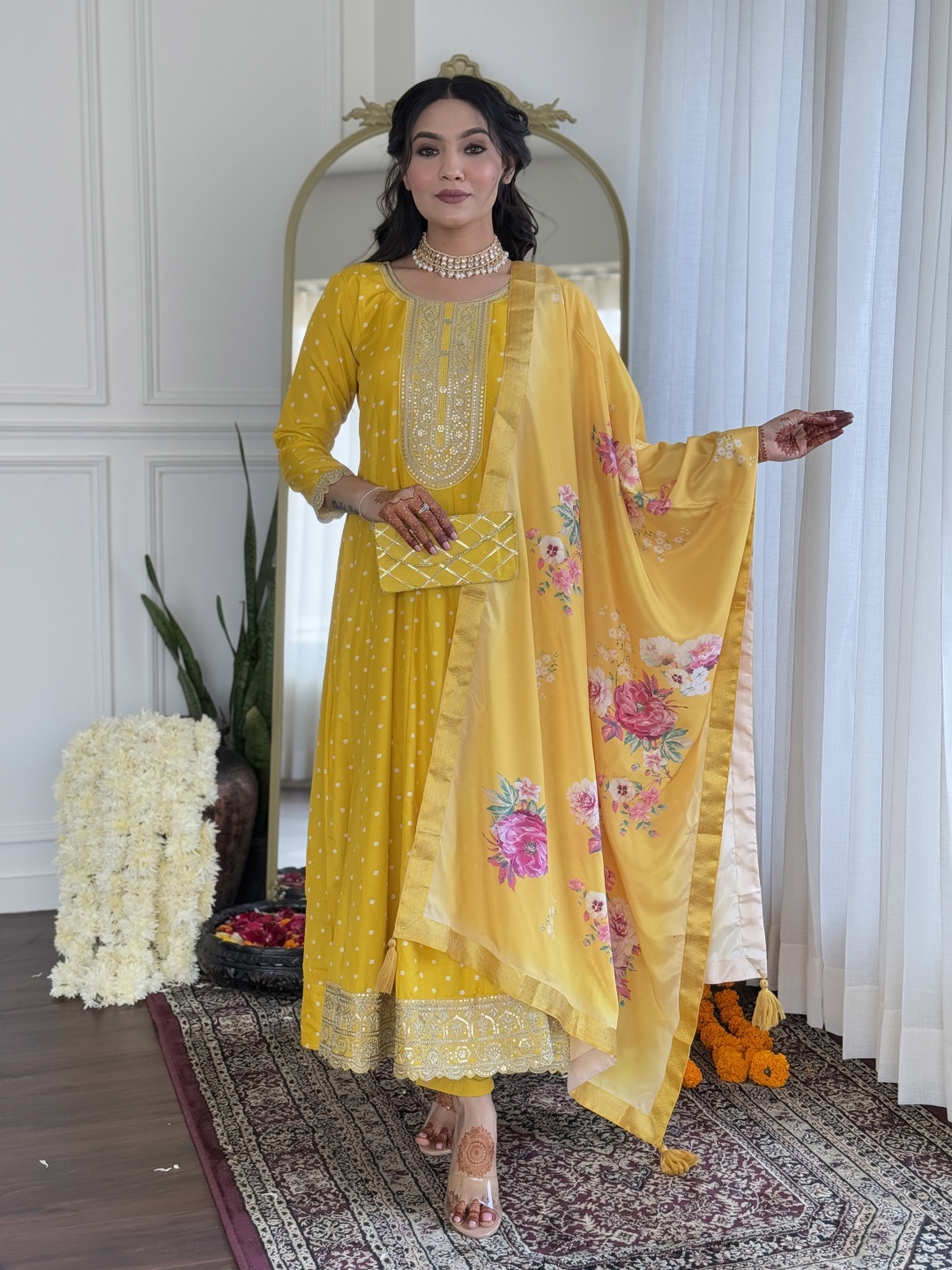 

KALINI Bandhani Printed Thread Work A-Line Kurta With Trousers And Dupatta, Yellow