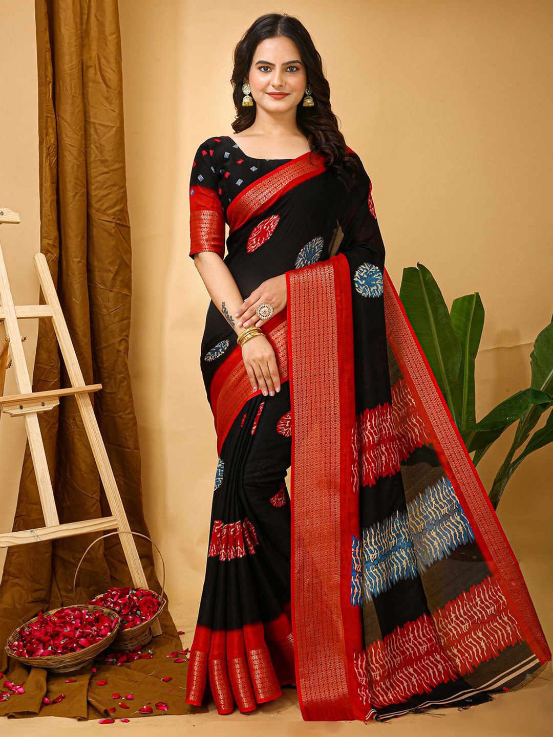 

Anouk Rustic Zari Silk Blend Designer Sungudi Saree, Black