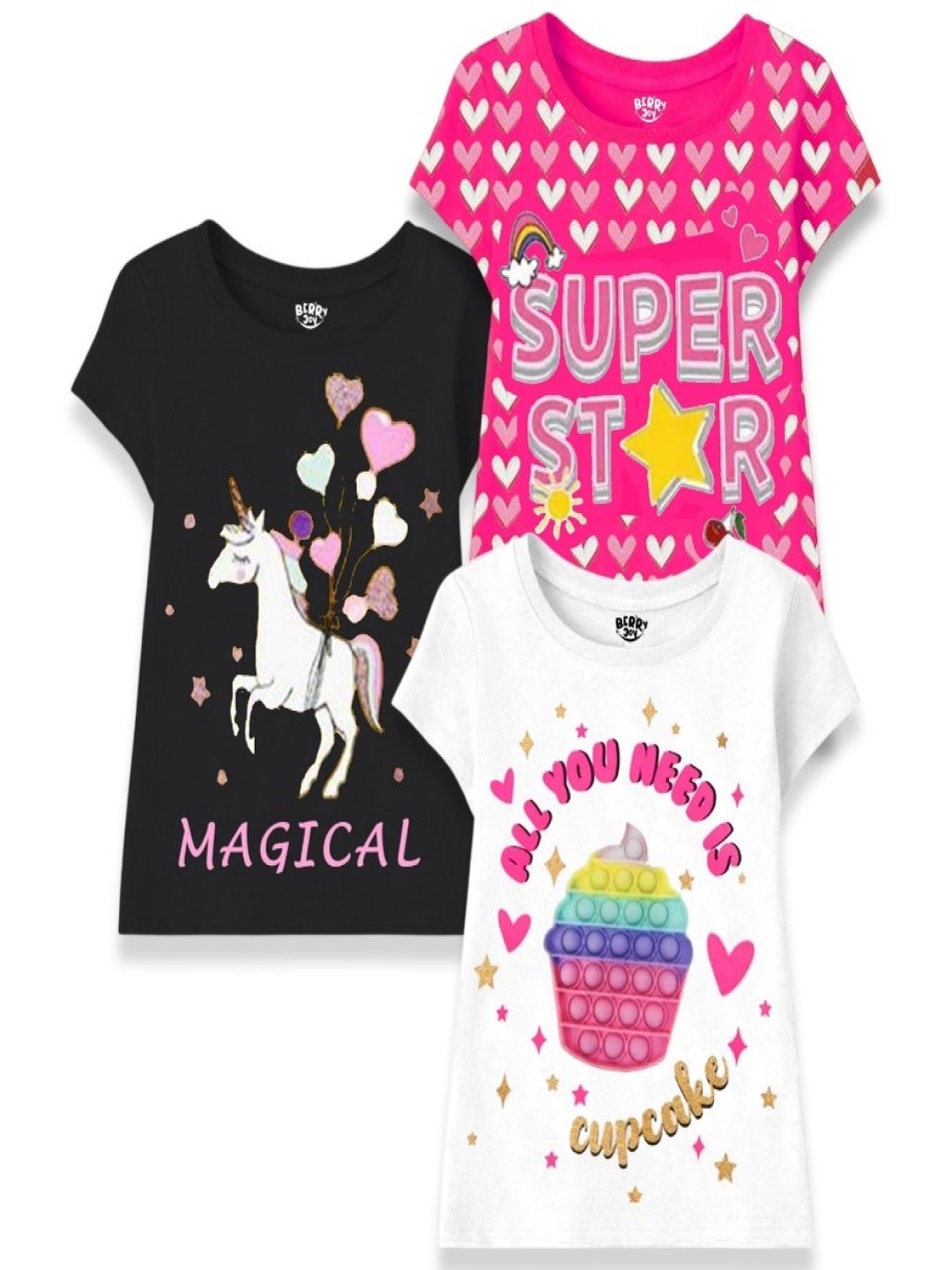 

BERRYJOY Girls Pack Of 3 Graphic Printed Round Neck Cotton T-shirts, Fuchsia