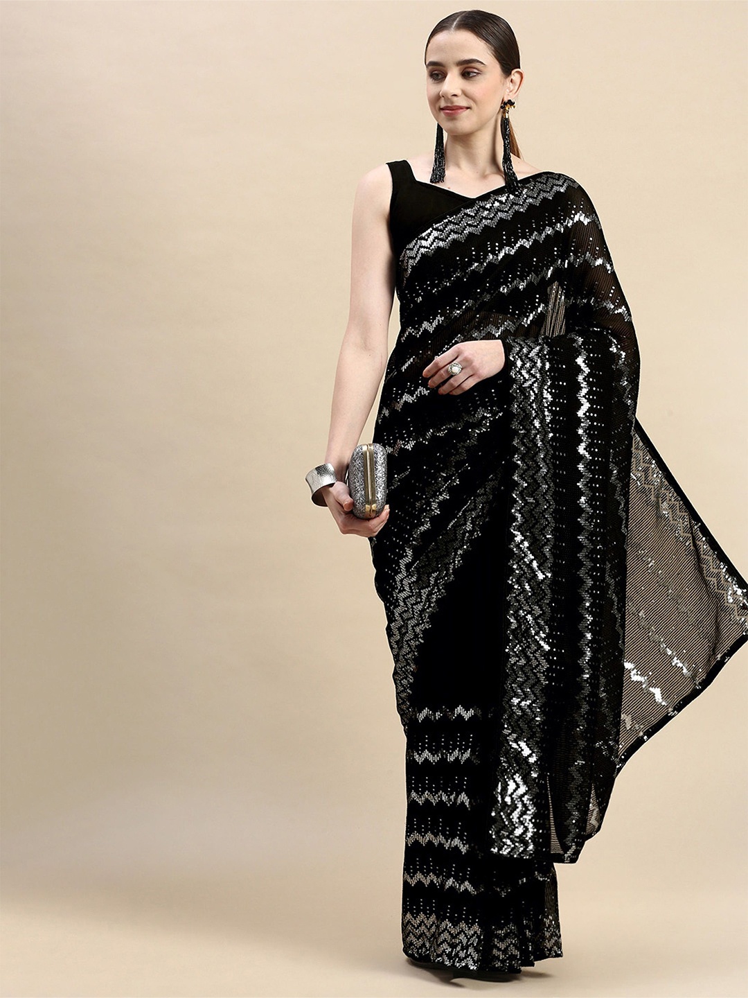 

Moda Rapido Striped Sequinned Pure Georgette Saree, Black