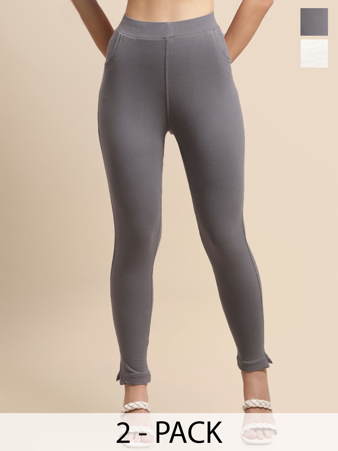 

Valles365 by S.C. Women Pack Of 2 Cotton Ankle-Length Leggings with Pocket, Grey