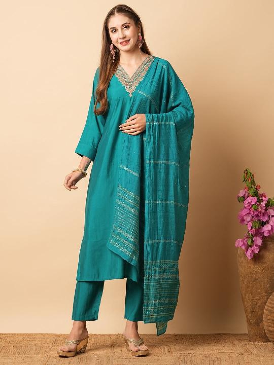 

Moda Rapido Floral Embroidered Yoke Design V-Neck Straight Kurta With Trousers & Dupatta, Turquoise blue