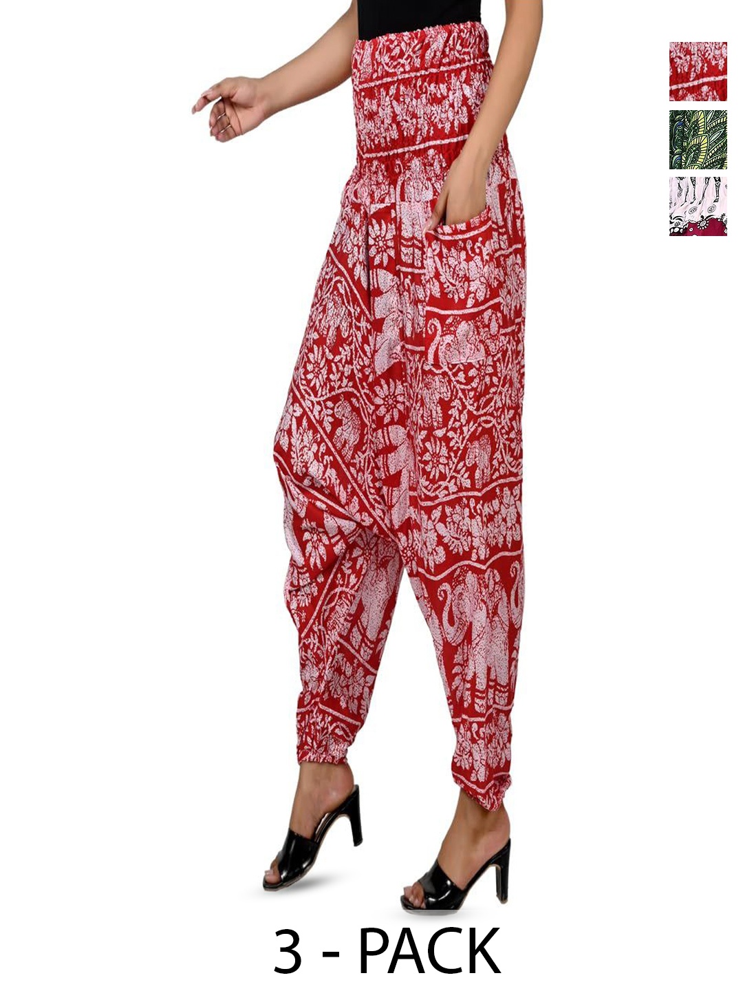 

NarNari Pack Of 3 Printed Mid-Rise Harem Pants, Red