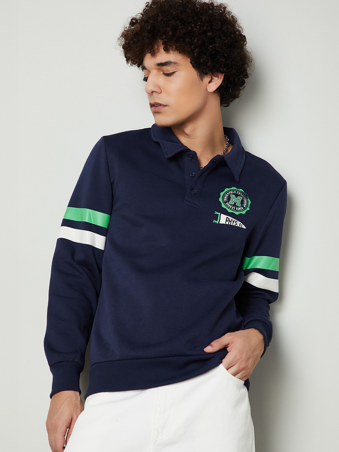 

max Men Shirt Collar Printed Pullover Sweatshirt, Blue