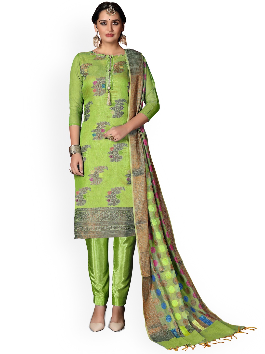 

HERE&NOW Floral Woven Design Unstitched Dress Material, Lime green