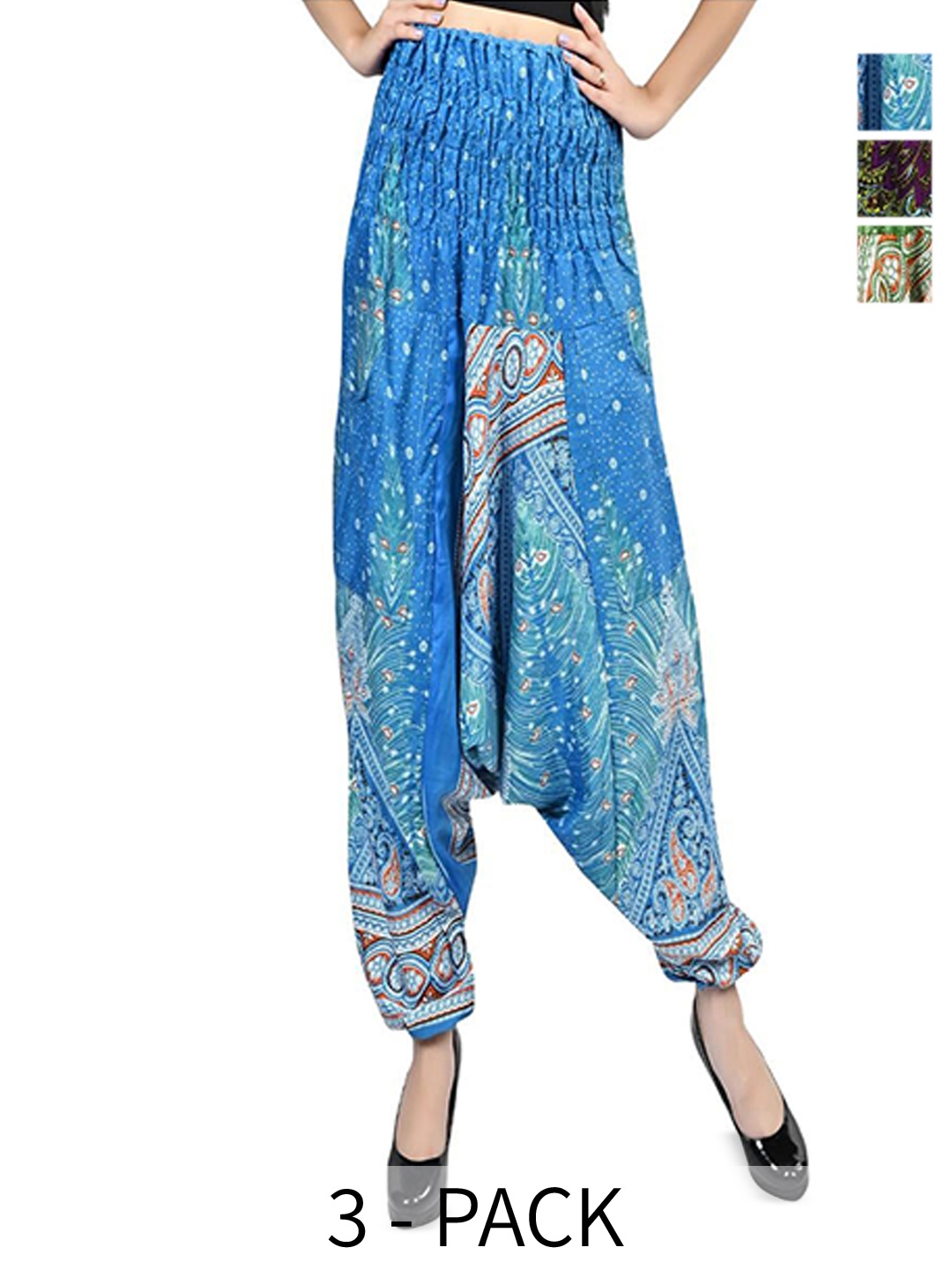 

NarNari Pack Of 3 Printed Mid-Rise Harem Pants, Green