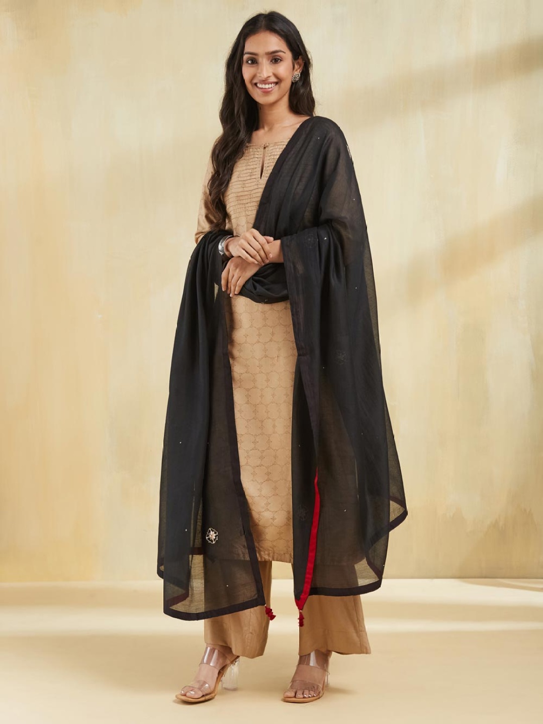 

Fabindia Floral Embroidered Cotton Silk Dupatta With Sequinned, Black