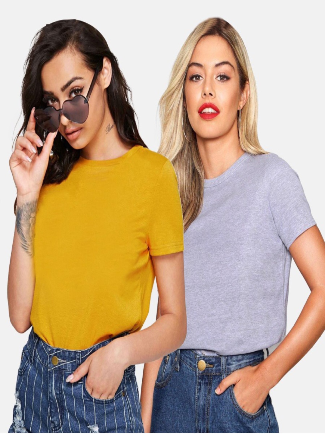 

DEEPMAYRA COLLECTION Women Pack Of 2 Solid Round Neck Cotton T-shirts, Mustard