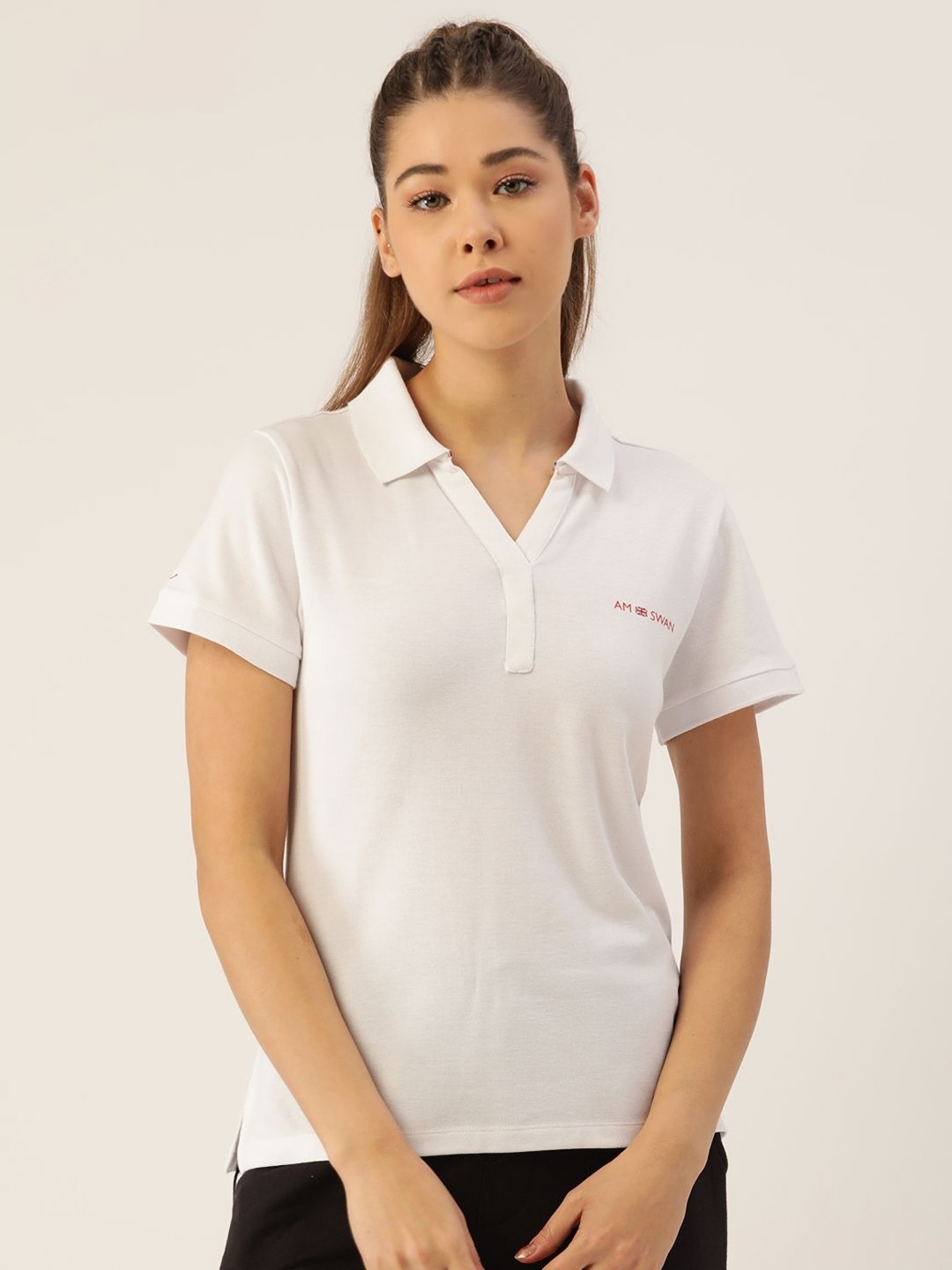 

AMSWAN Women Solid Polo Collar Cotton T-shirt, White