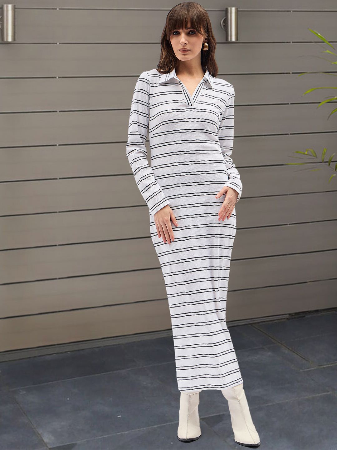 

DressBerry Women Striped Shirt Collar Maxi Dress, White
