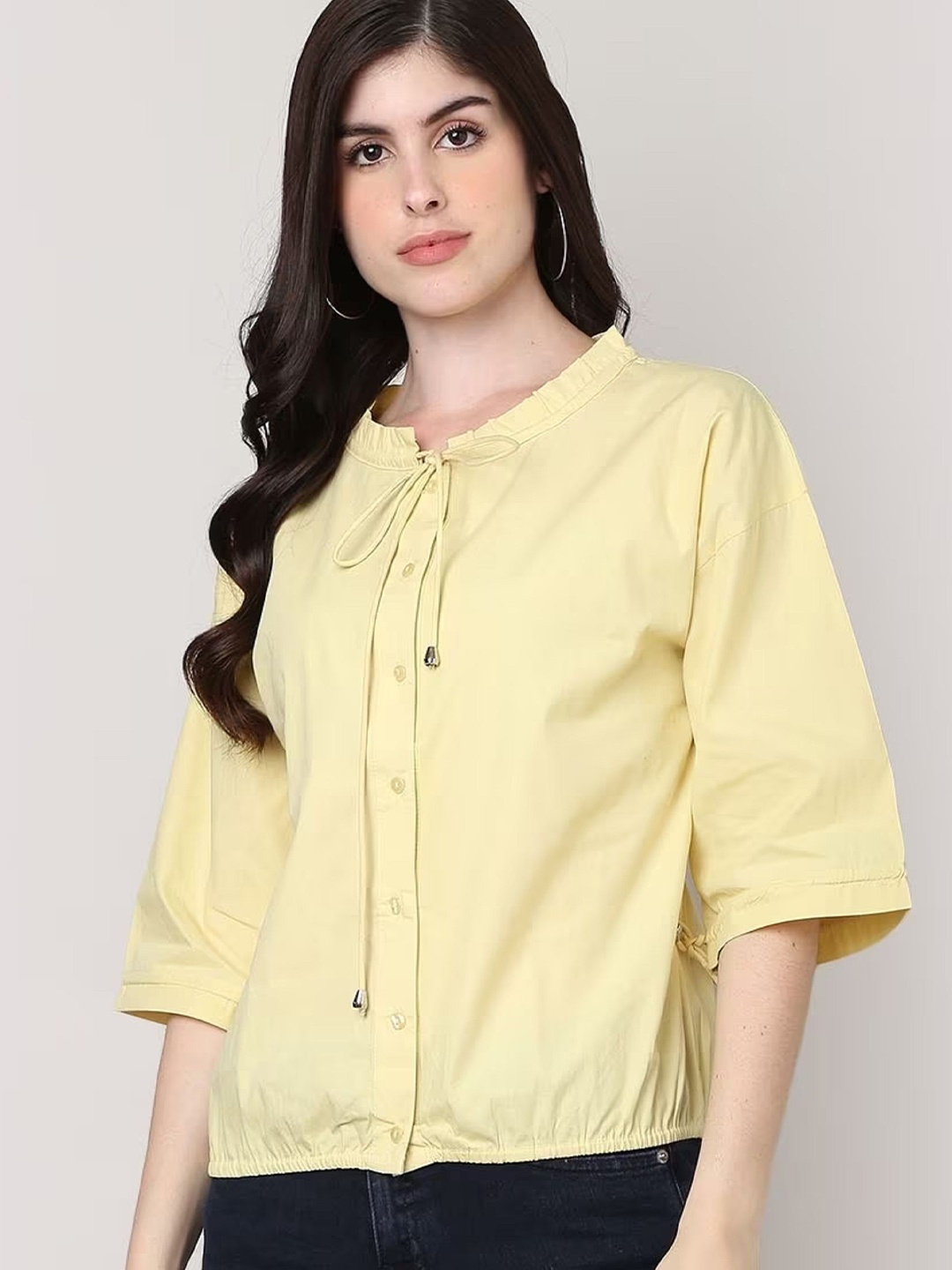 

SAKURA Tie-Up Neck Cotton Shirt Style Top, Cream