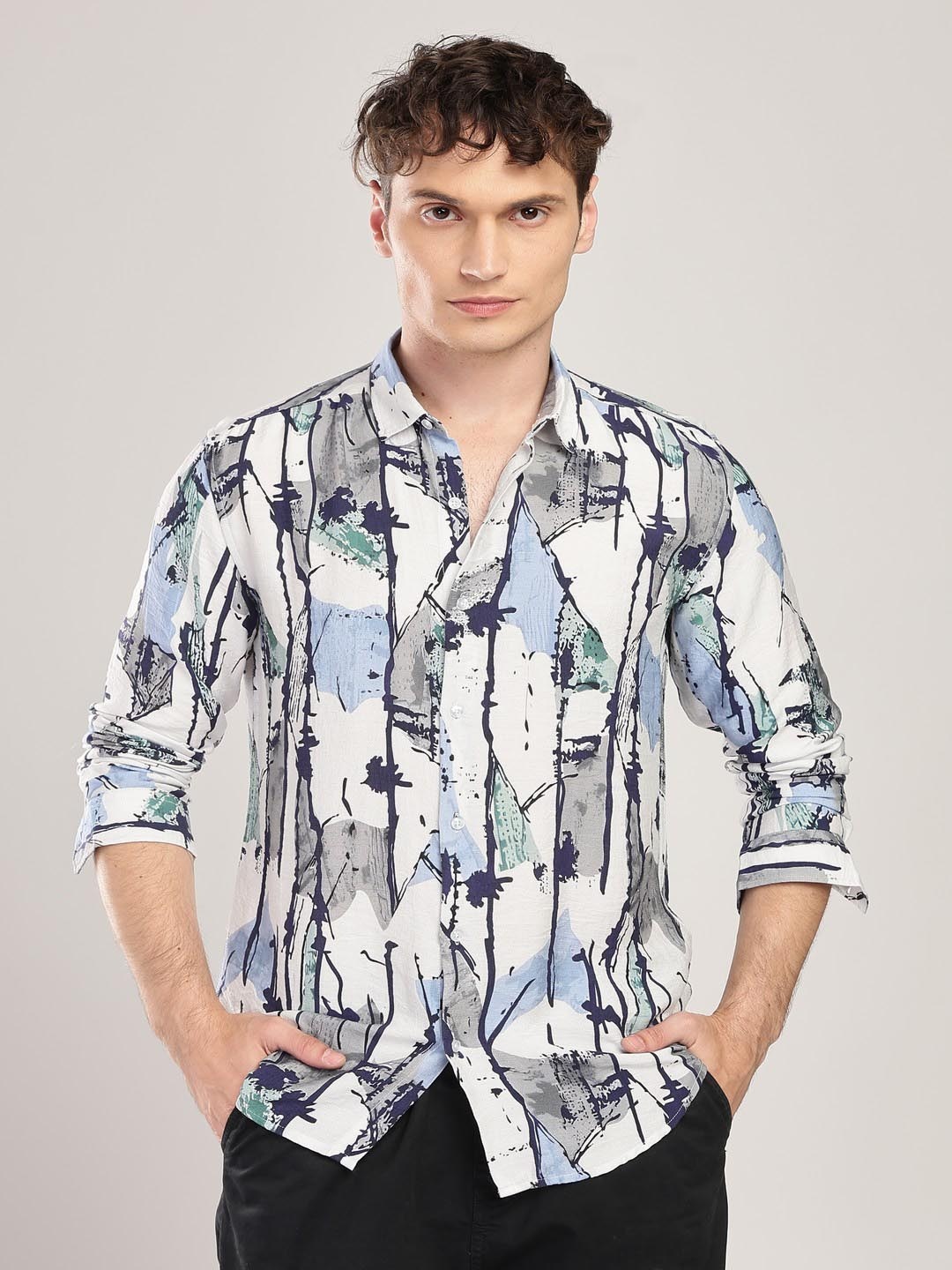 

NEVER NEUD Men Comfort Fit Spread Collar Abstract Printed Casual Shirt, White