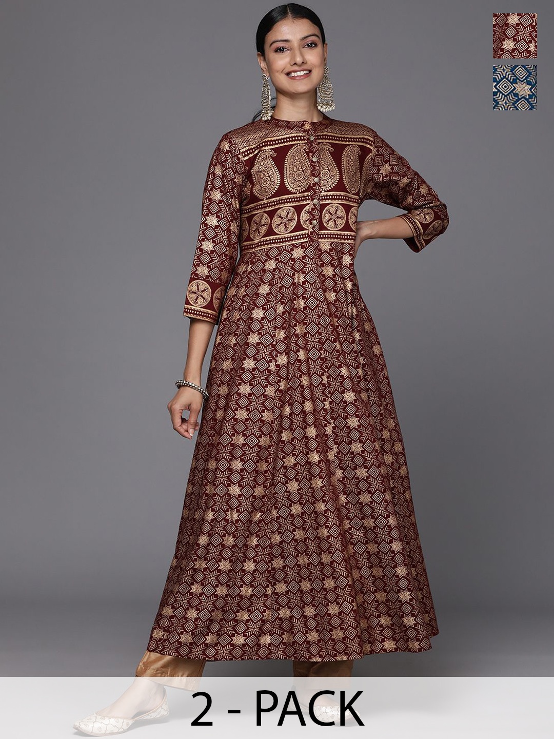 

Varanga Selection Of 2 Ethnic Motifs Foil Printed Mandarin Collar Anarkali Kurta, Maroon