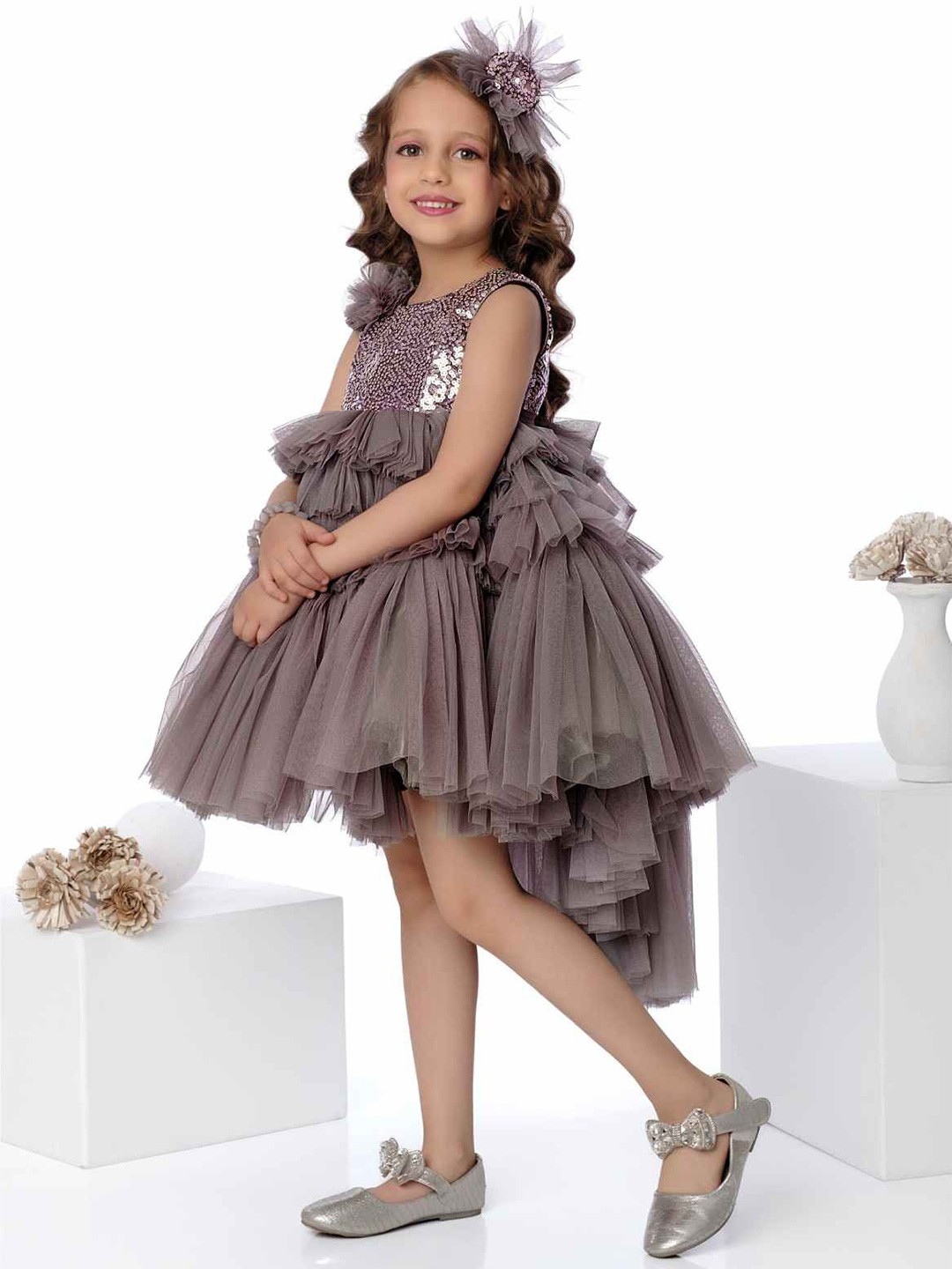 

Lagorii Girls Bushy And Sequins Worked Embellished Net Fit & Flare Dress, Grey