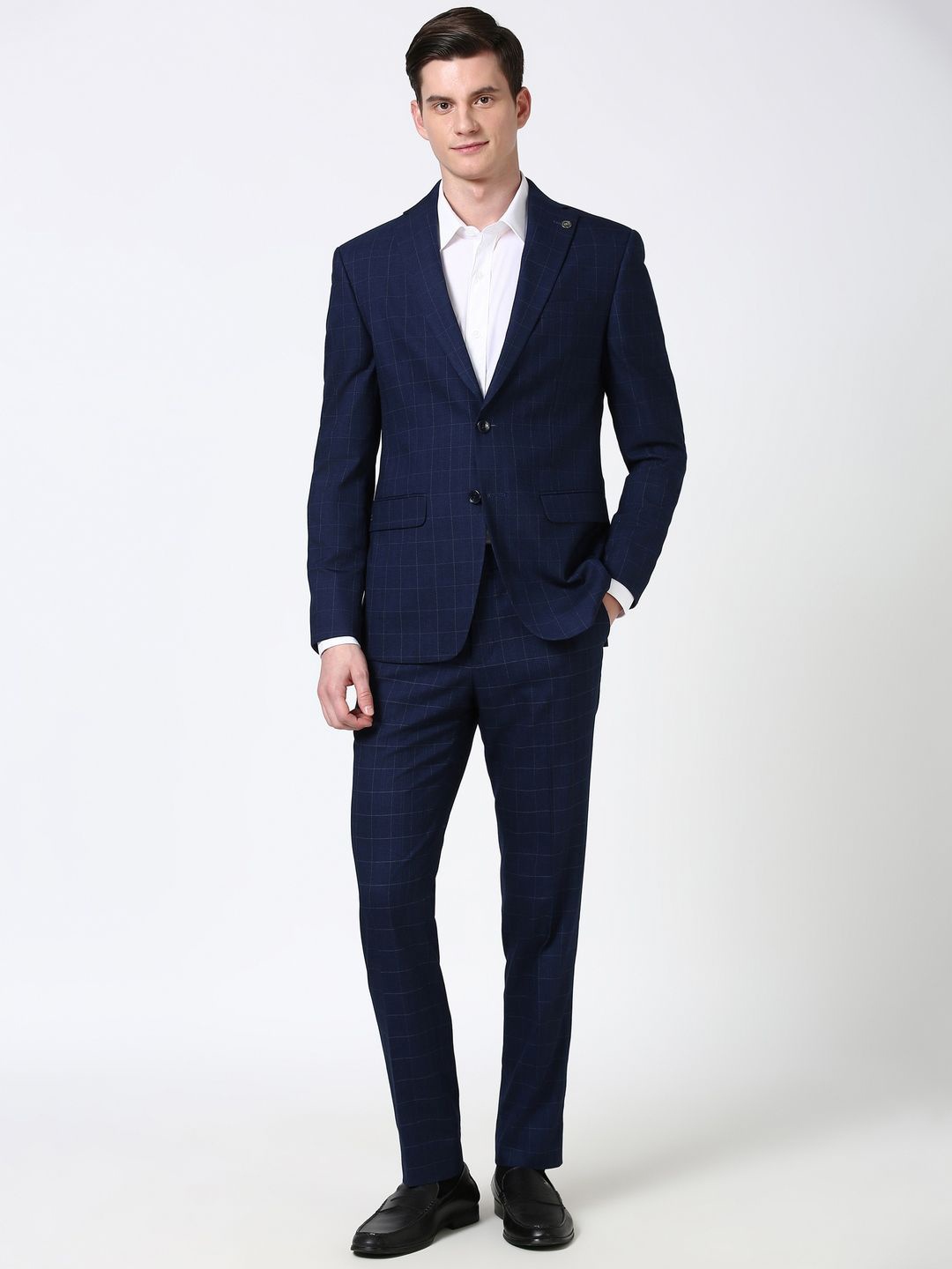 

Peter England Elite Men Checked Slim Fit Single-Breasted Two Piece Formal Suit, Navy blue