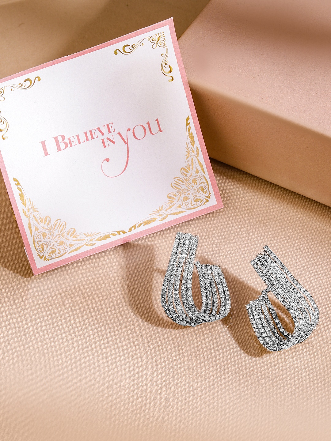 

Rubans Valentine's Classic Rhodium-Plated Brass Crystal Studded Contemporary Studs, Silver